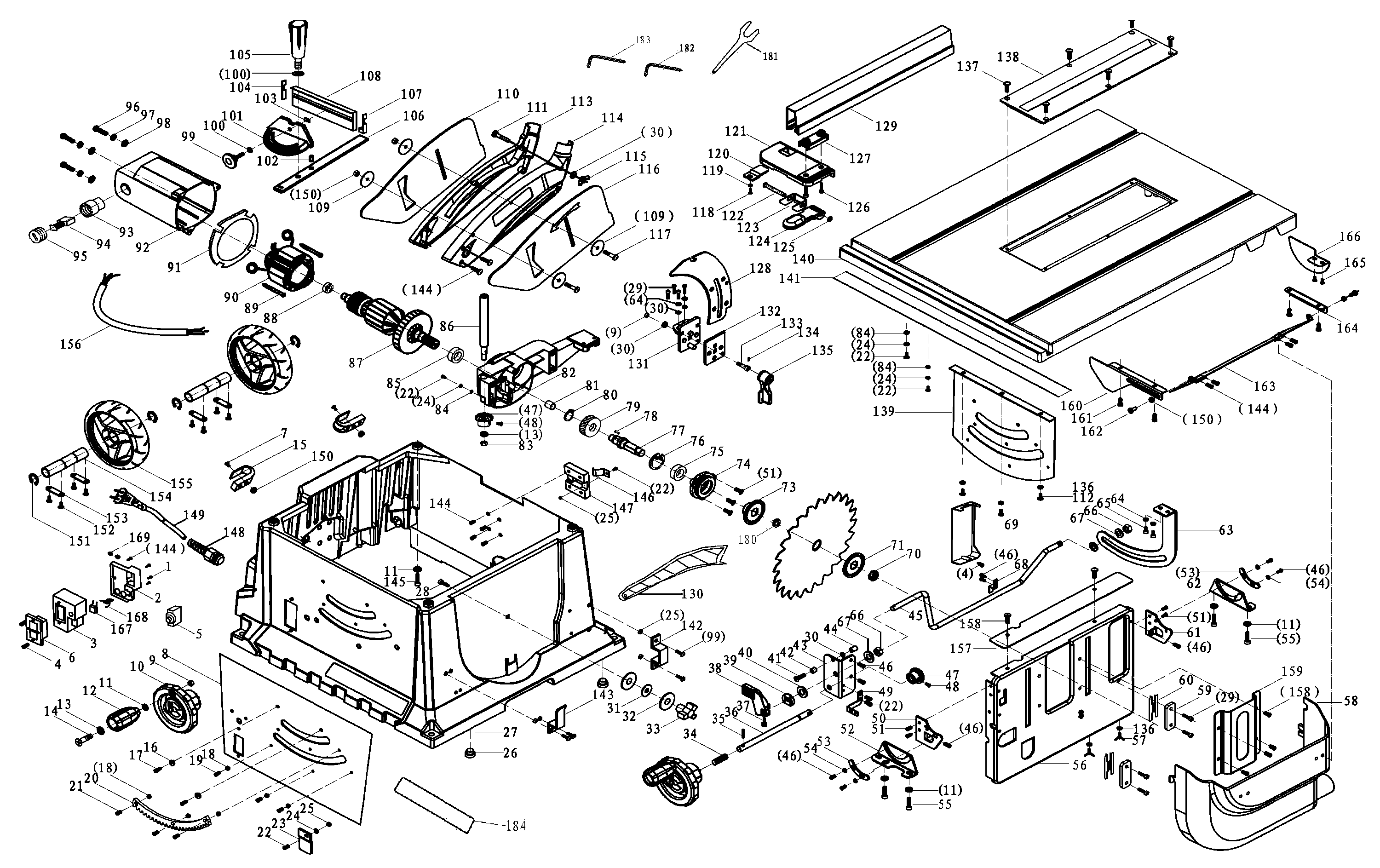 Default Diagram and Parts List for BDTS1800-AR Type 1 Black and Decker Table Saw